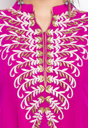 Embroidered Georgette Asymmetric Kurta Set in Fuchsia