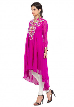 Embroidered Georgette Asymmetric Kurta Set in Fuchsia