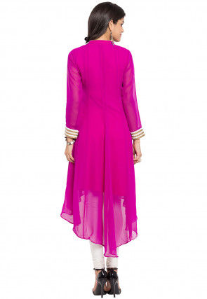 Embroidered Georgette Asymmetric Kurta Set in Fuchsia