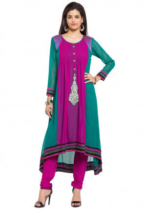 Embroidered Georgette Asymmetric Kurta in Magenta and Green