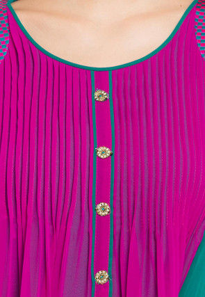 Embroidered Georgette Asymmetric Kurta in Magenta and Green
