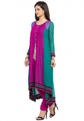 Embroidered Georgette Asymmetric Kurta in Magenta and Green