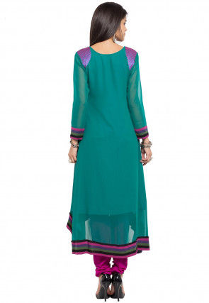 Embroidered Georgette Asymmetric Kurta in Magenta and Green