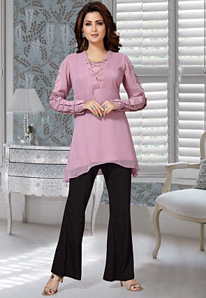 Embroidered Georgette Asymmetric Kurta Set in Pink
