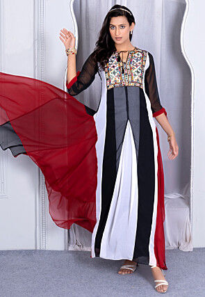 Embroidered Georgette Asymmetric Long Kurta Set in Multicolor