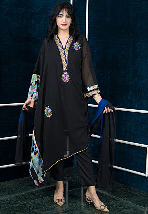 Embroidered Georgette Asymmetric Pakistani Suit in Black