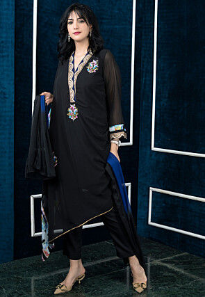 Embroidered Georgette Asymmetric Pakistani Suit in Black