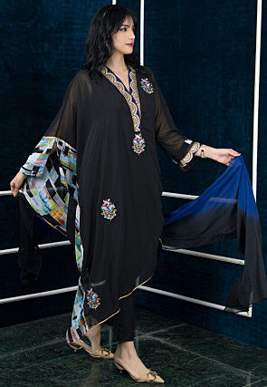 Embroidered Georgette Asymmetric Pakistani Suit in Black