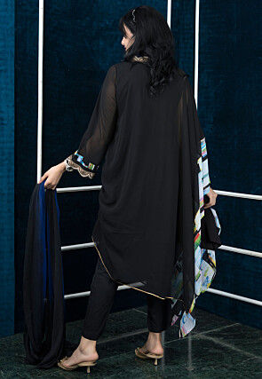 Embroidered Georgette Asymmetric Pakistani Suit in Black