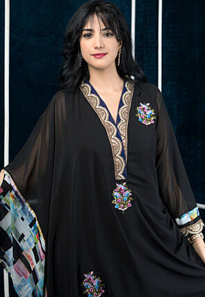 Embroidered Georgette Asymmetric Pakistani Suit in Black
