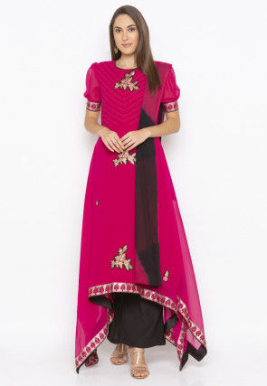 Embroidered Georgette Asymmetric Pakistani Suit in Fuchsia
