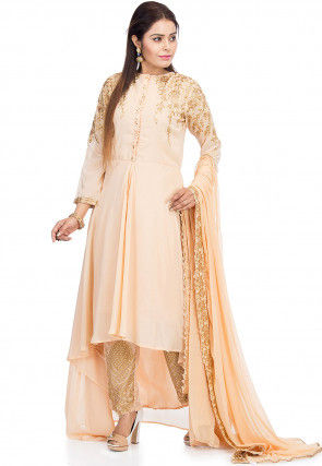 Embroidered Georgette Asymmetric Pakistani Suit in Light Peach