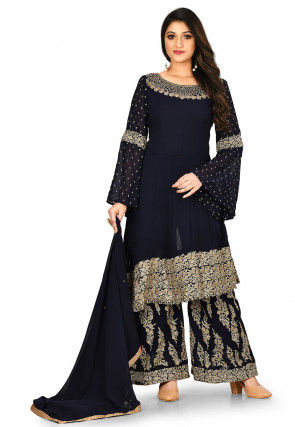 Embroidered Georgette Asymmetric Pakistani Suit in Navy Blue