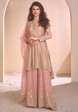 Embroidered Georgette Asymmetric Pakistani Suit in Peach