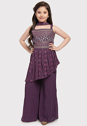 Embroidered Georgette Asymmetric Pakistani Suit in Purple