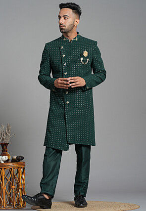 Embroidered Georgette Asymmetric Sherwani in Dark Green