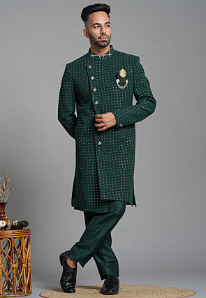 Embroidered Georgette Asymmetric Sherwani in Dark Green