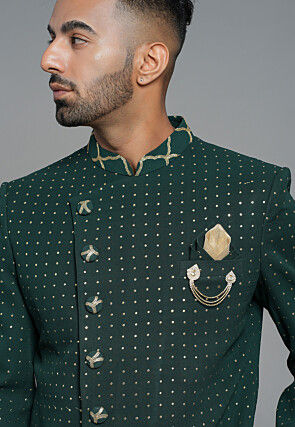 Embroidered Georgette Asymmetric Sherwani in Dark Green