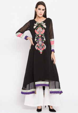 Embroidered Georgette Asymmetrical Style Kurta in Blue : TNC1050