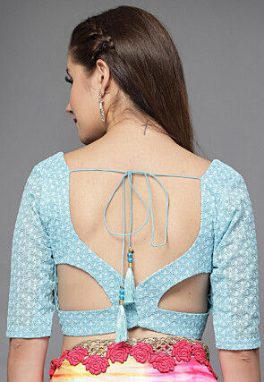 Embroidered Georgette Back Cut Out Blouse in Sky Blue