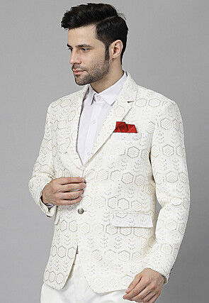 Embroidered Georgette Blazer in Off White