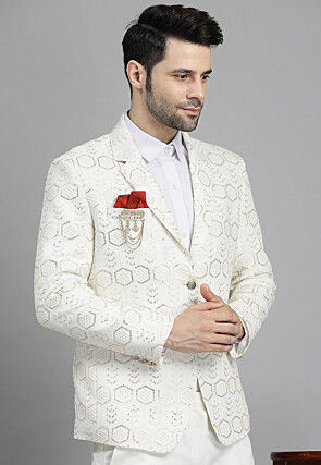 Embroidered Georgette Blazer in Off White