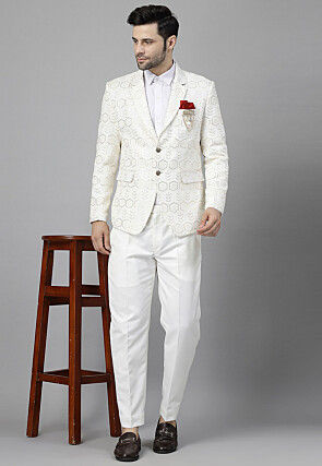Embroidered Georgette Blazer Set in Off White