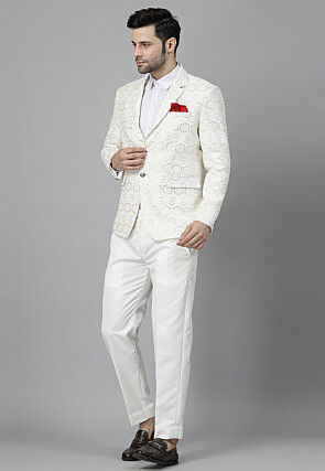 Embroidered Georgette Blazer Set in Off White