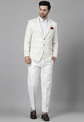 Embroidered Georgette Blazer Set in Off White