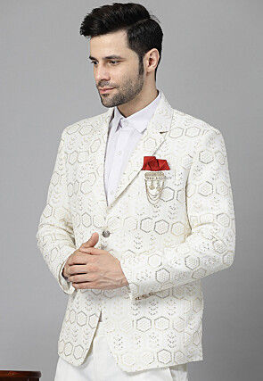 Embroidered Georgette Blazer Set in Off White