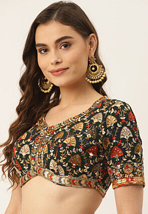 Embroidered Georgette Blouse in Dark Green