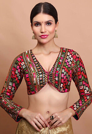 Embroidered Georgette Blouse in Dark Green