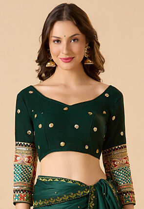 Embroidered Georgette Blouse in Dark Green