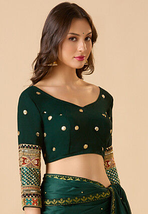 Embroidered Georgette Blouse in Dark Green