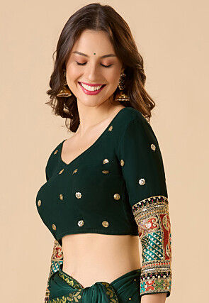Embroidered Georgette Blouse in Dark Green