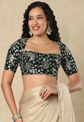 Embroidered Georgette Blouse in Dark Green