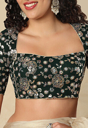 Embroidered Georgette Blouse in Dark Green