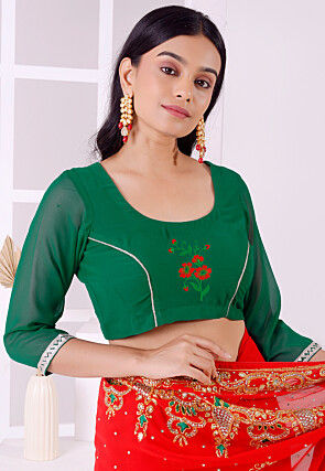 Embroidered Georgette Blouse in Dark Green