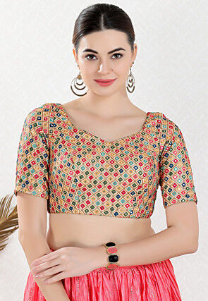 Embroidered Georgette Blouse in Light Beige and Multicolor