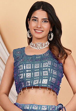 Embroidered Georgette Blouse in Teal Blue