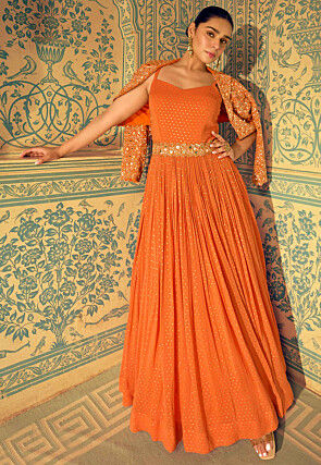 Embroidered Georgette Jacquard Gown in Orange