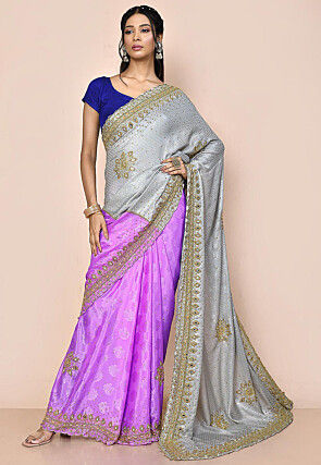 Embroidered Georgette Brasso Saree in Grey and Purple