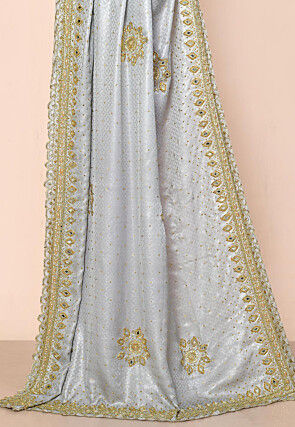 Embroidered Georgette Brasso Saree in Grey and Purple