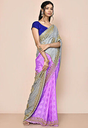 Embroidered Georgette Brasso Saree in Grey and Purple