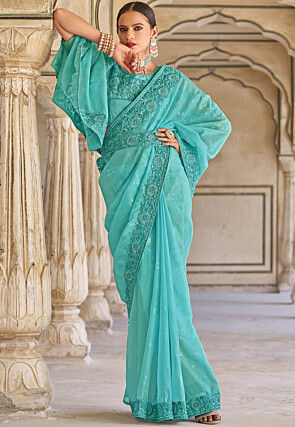 Embroidered Georgette Brasso Saree in Turquoise