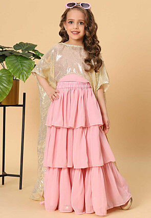 Embroidered Georgette Cape Style Top Set in Rose Gold