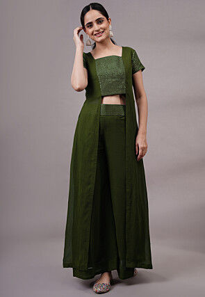 Embroidered Georgette Co Ord Set in Olive Green