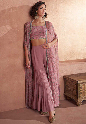 Embroidered Georgette Co Ord Set with Jacket in Pink