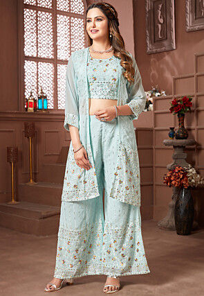 Embroidered Georgette Co Ord Set with Jacket in Sky Blue