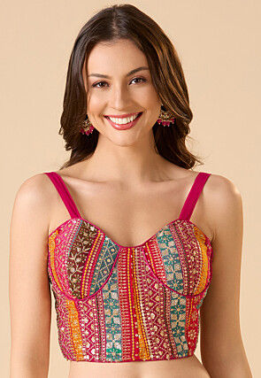 Embroidered Georgette Corset Blouse in Fuchsia